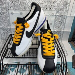 Nike Cortez Basic Leather White Black Amarillo LA Lakers BV2527-100 Mens Sz 8